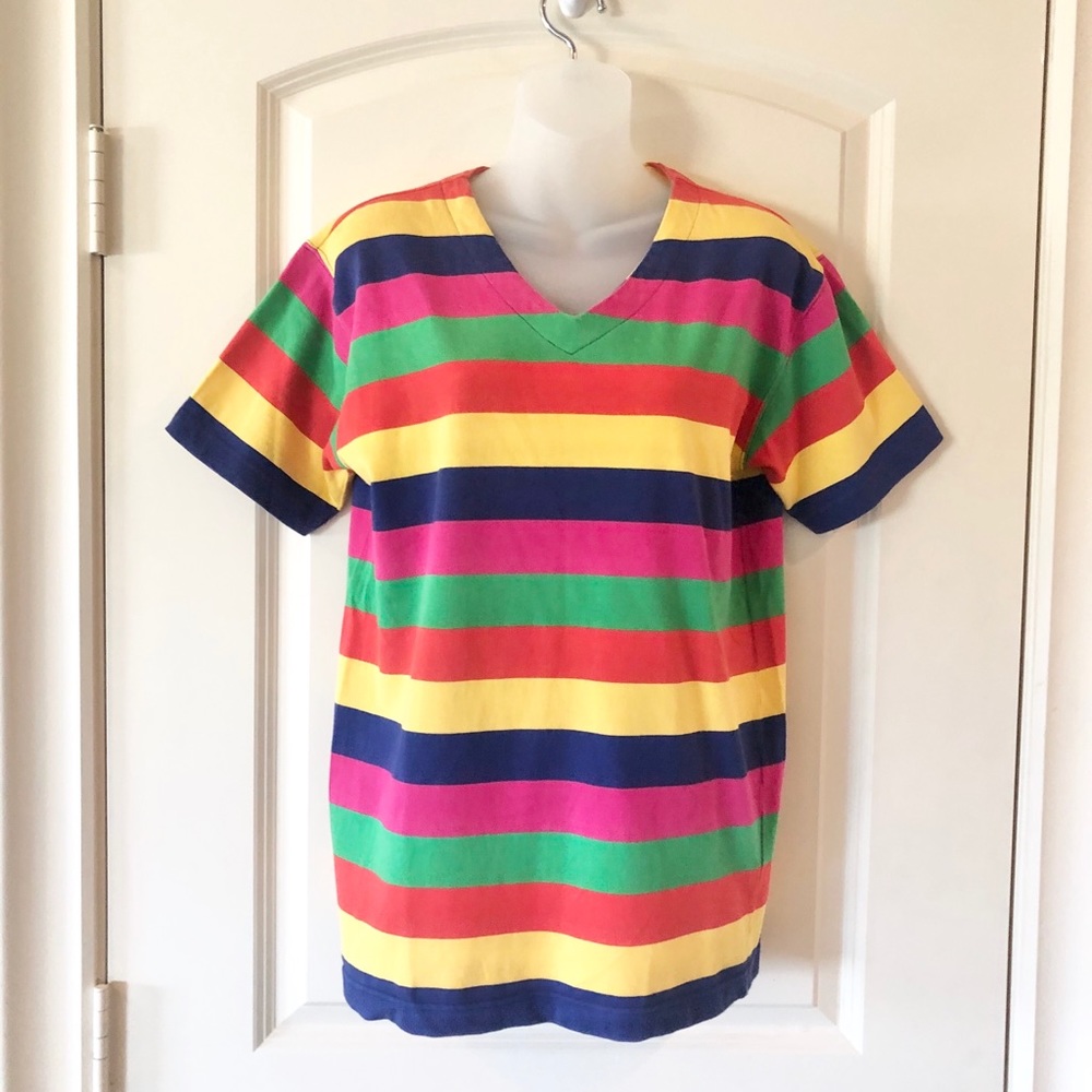 Vintage 90s Bechamel Rainbow Striped V-Neck Tee - Size Small
